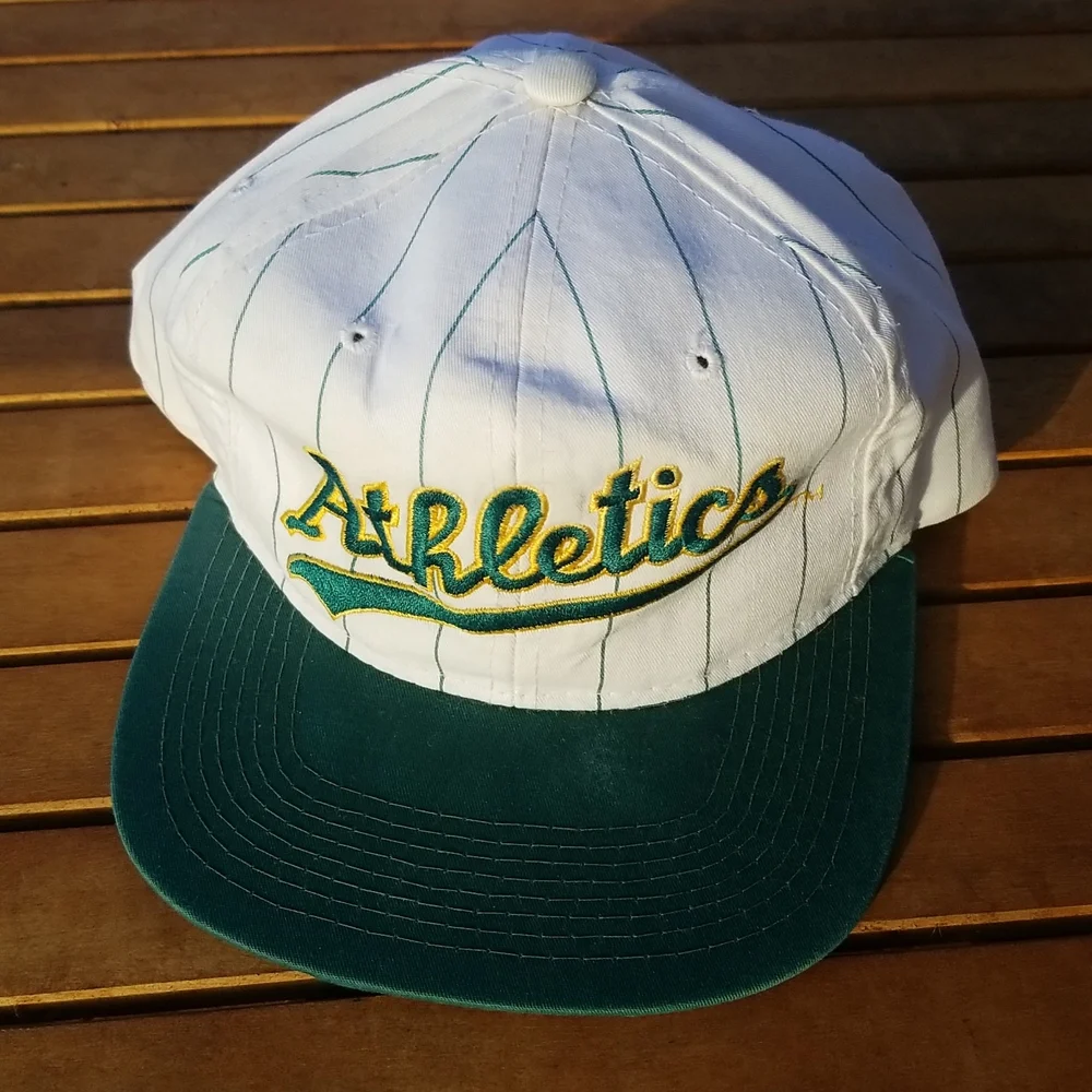STARTER MLB Oakland Athletics Script Pin Stripe Snapback Hat Vintage Rare - Picture 2 of 11